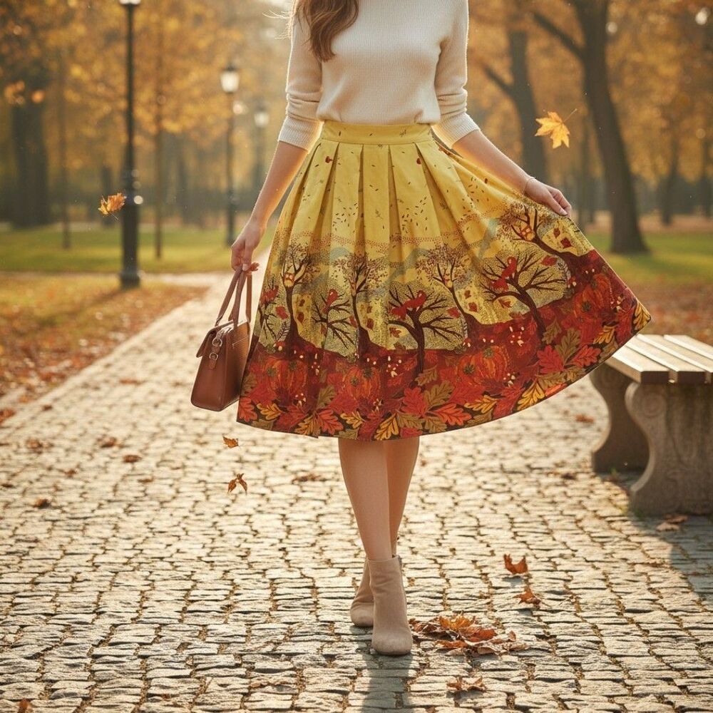 Girstunm Pleated A-Line Autumn Print Skirt Women's Size L Retro Cottagecore